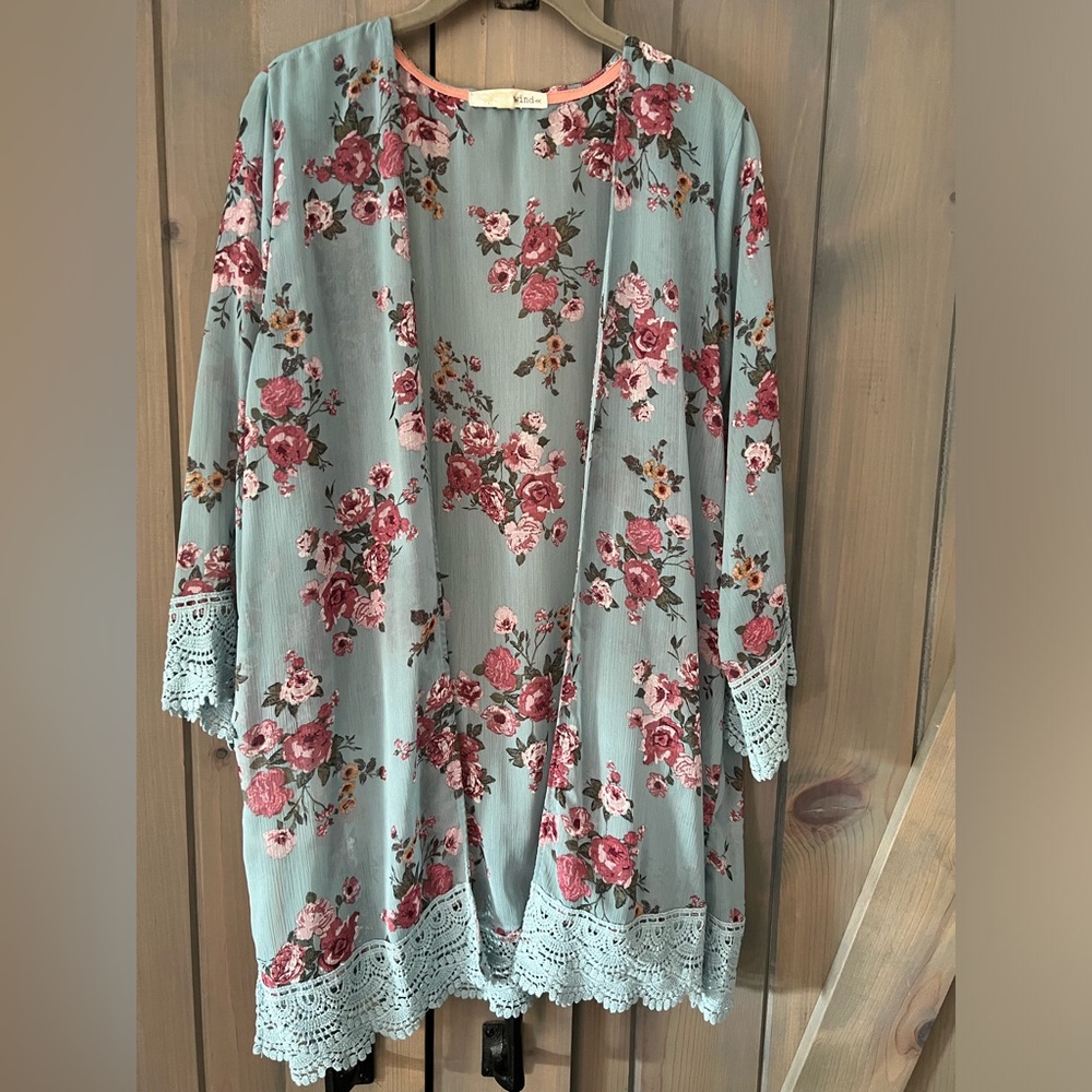Rewind Juniors' Size L Blue Open Front Printed Kimono Teens Fashion
